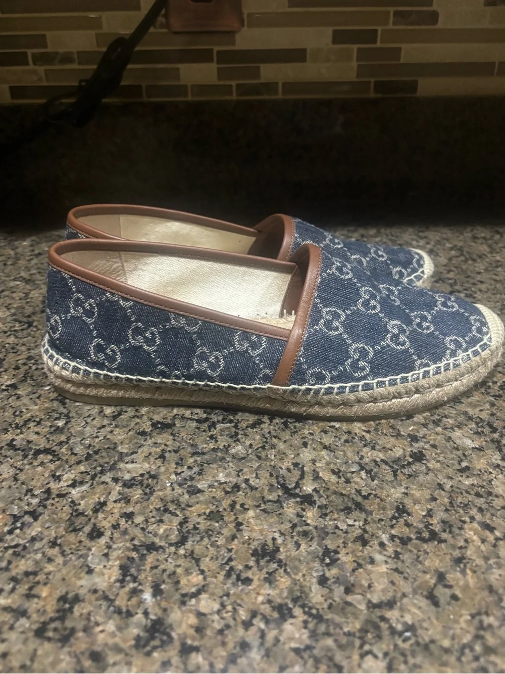 Gucci Denim Logo Espadrilles with Brown leather Trim